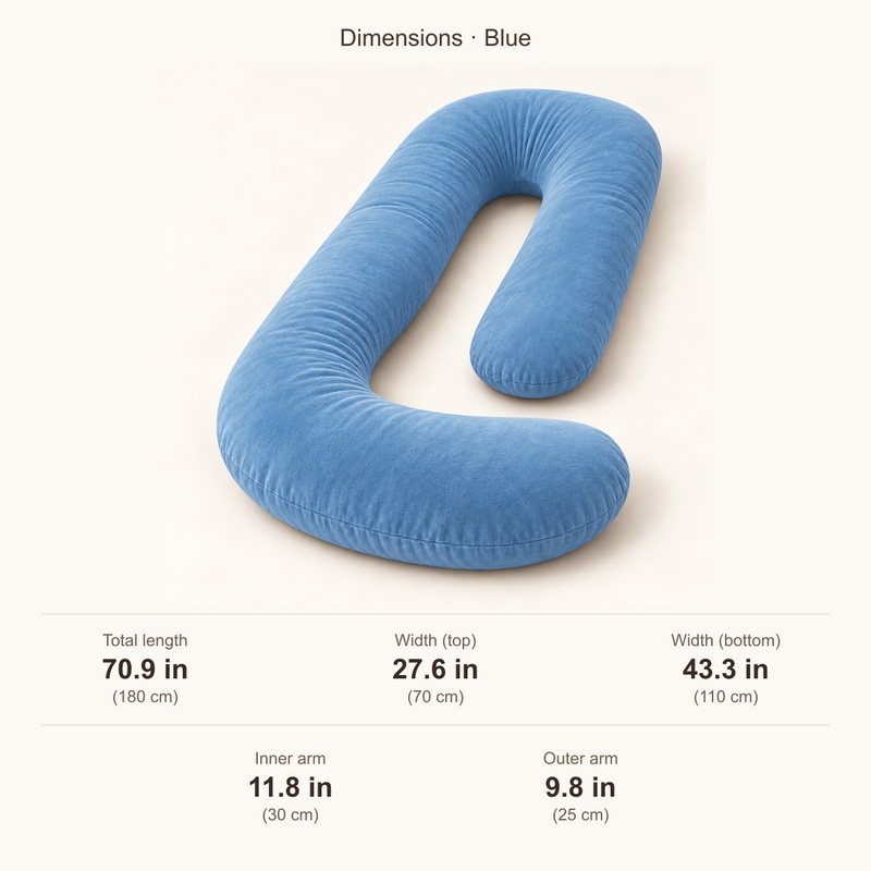 CozyFlorie Pregnancy Pillow – Blue – dimensions – inches first, centimeters below