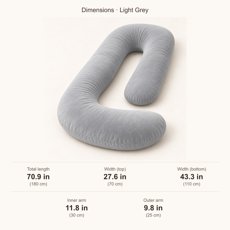 CozyFlorie Pregnancy Pillow – Light Grey – dimensions – inches first, centimeters below