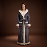 Front view of a charcoal robe with cream sherpa trim, worn by a model.