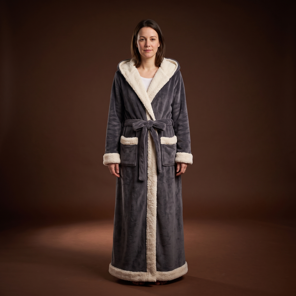 Front view of a charcoal robe with cream sherpa trim, worn by a model.